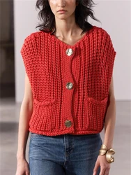 Streetwear Knitted Vest Fall Clothes 2024 Women Fashion Cropped Sweater Top Casual Red Sleeveless O-Neck Button Cardigans Vest