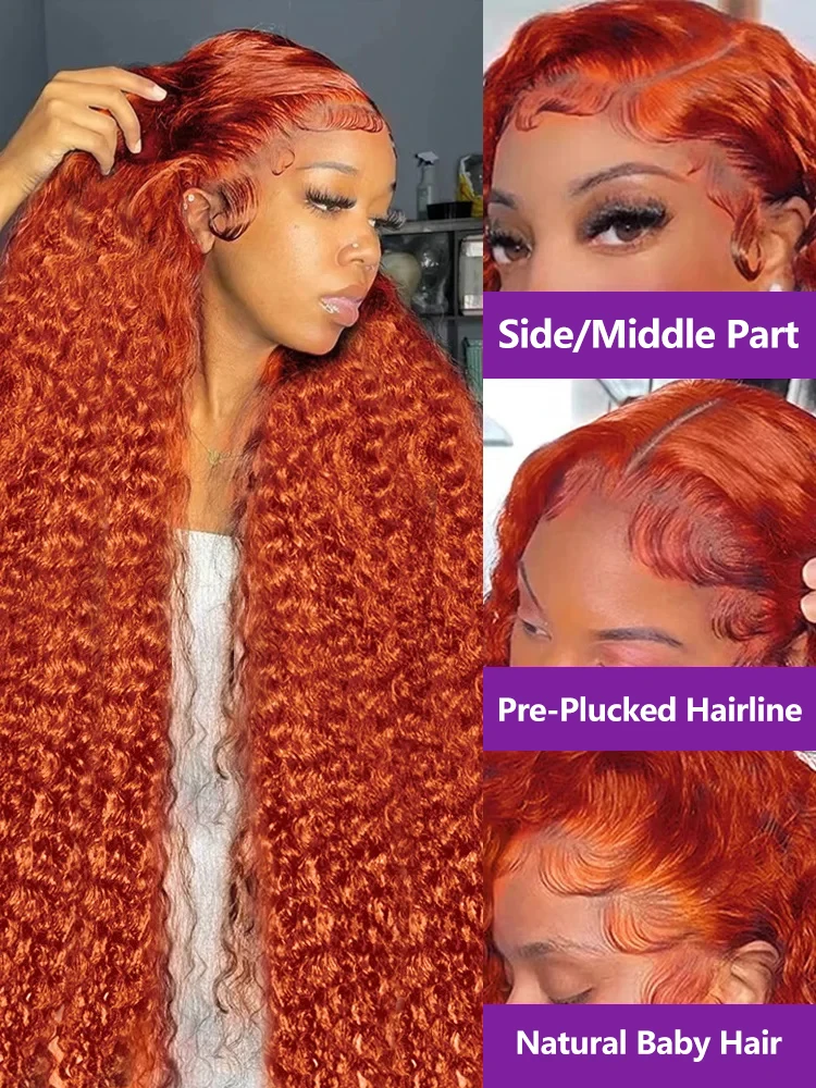 Orange Ginger Deep Wave 13x4 lace front wig 30 40 inch 13x6 hd lace frontal wig 250 density Lace front human hair wig For Women