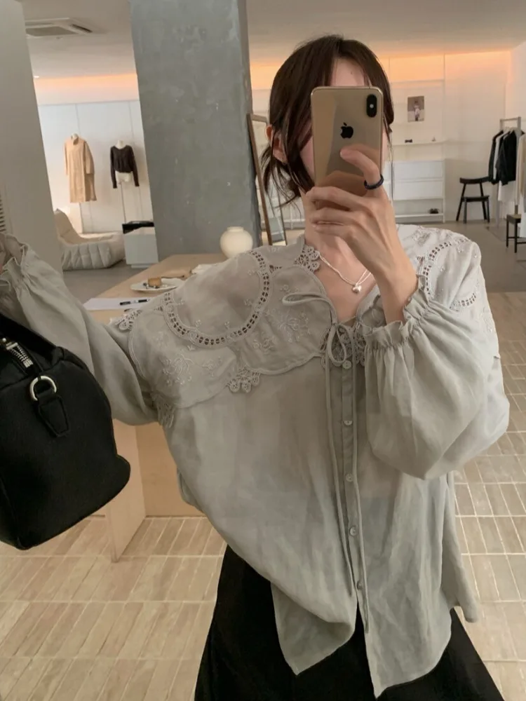 

Elegant Chic Women's Long Sleeve Lace Hollow out Patchwork Design Breathable Cotton Shirt French Style Comfortable Summer Top