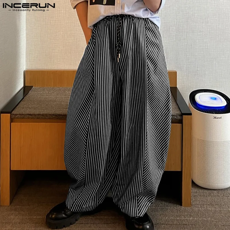 INCERUN Fashion Men Striped Pants Drawstring Joggers Loose Casual Trousers Men Streetwear 2025 Oversize Wide Leg Long Pants