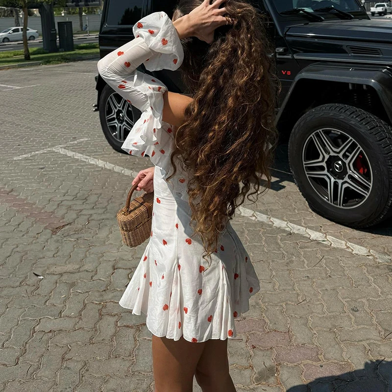 Minivestidos con hombros descubiertos y estampado de corazón para el Día de San Valentín para mujer, vestido acampanado con borde con volantes, vestido elegante sin espalda para salir