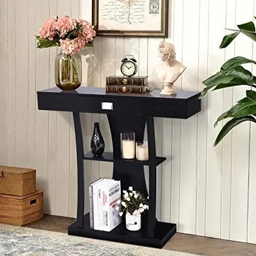 

Console Table, Sofa Table with Drawer and 2-Tier Shelves, Accent Table for Entryway, Hallway and Living Room (Black) Mesas