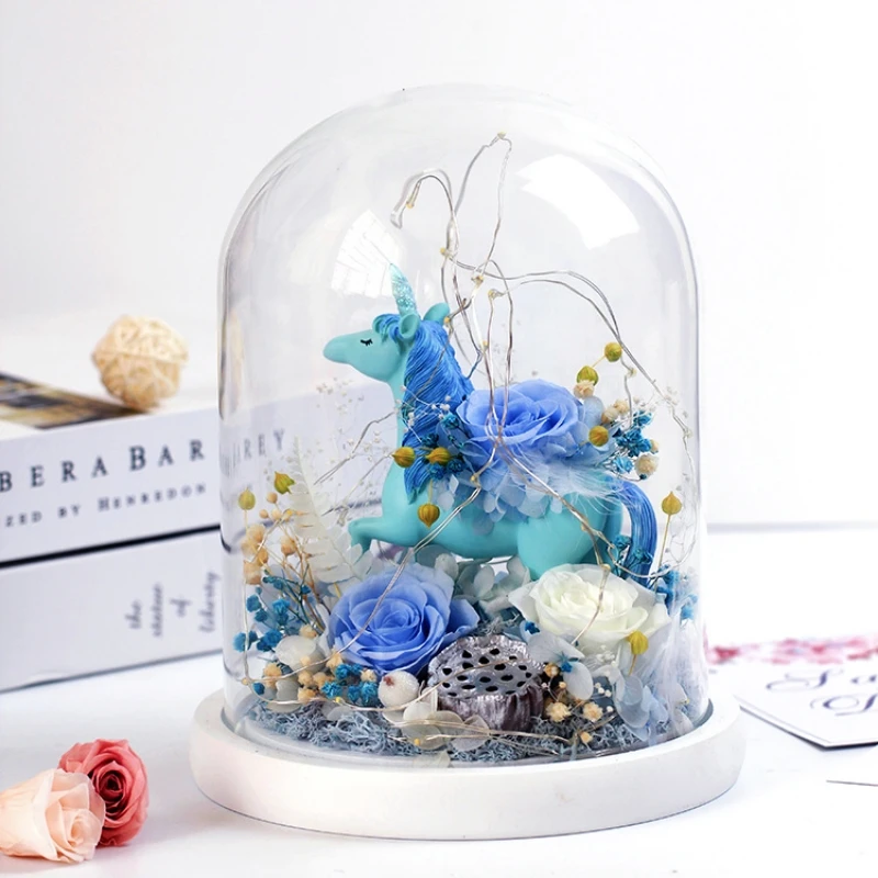 

FS 15*21cm Glass Dome Decoration Preserved Flower Blue Cute Pet White Base Transparent Cover Gift Wedding Souvenir