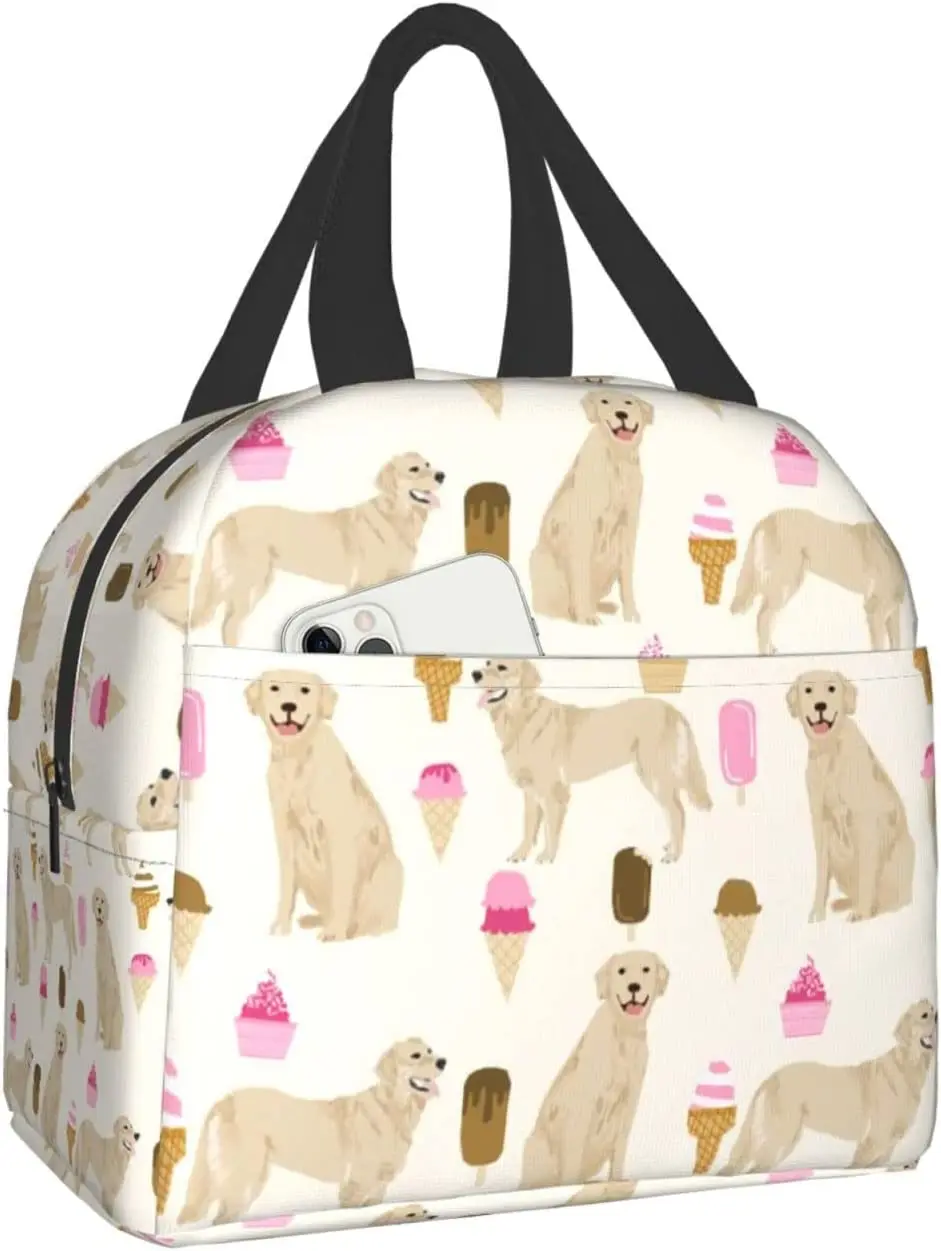 Golden Retriever Dogs Cone Ice Cream Lunch Bag Waterproof Insulated Reusable Meal Bag Lunch Box Food Outdoor Work School Picnic