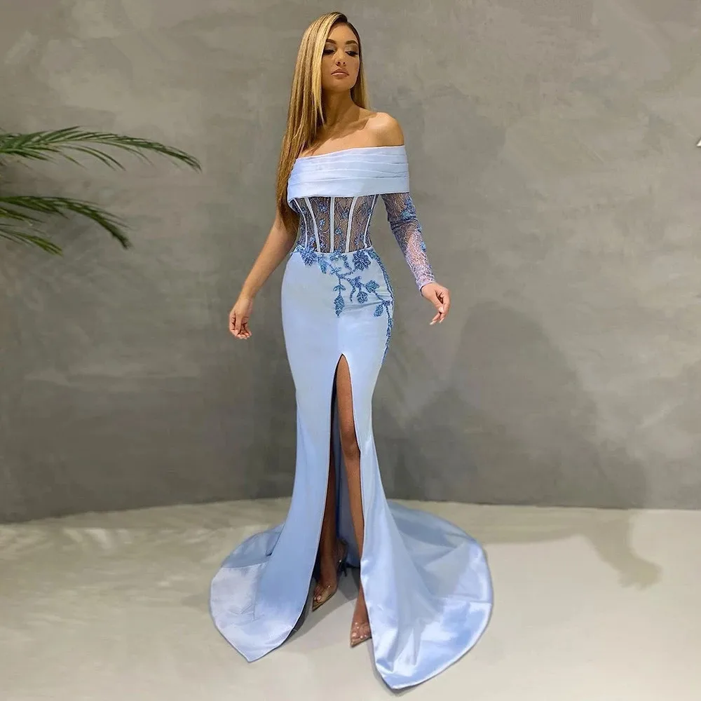 Sky Blue Mermaid Dubai Evening Dresses Lace Beaded Long Sleeves Women Prom Party Gowns Saudi Arabic Slit Evening