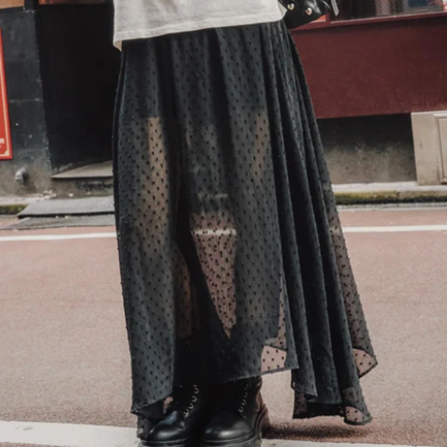 Mulheres pura saia preta bolinhas tornozelo comprimento longo sheer saia elegante design verão primavera usar saia de cintura alta