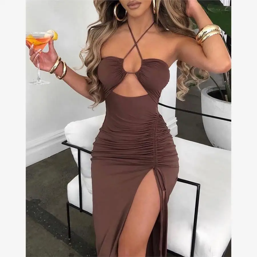 High Waist Ruched Slit Bodycon Dress Street Style Drawstring V-Neck Short Skirt without Sleeve Summer Fashion for Young Women