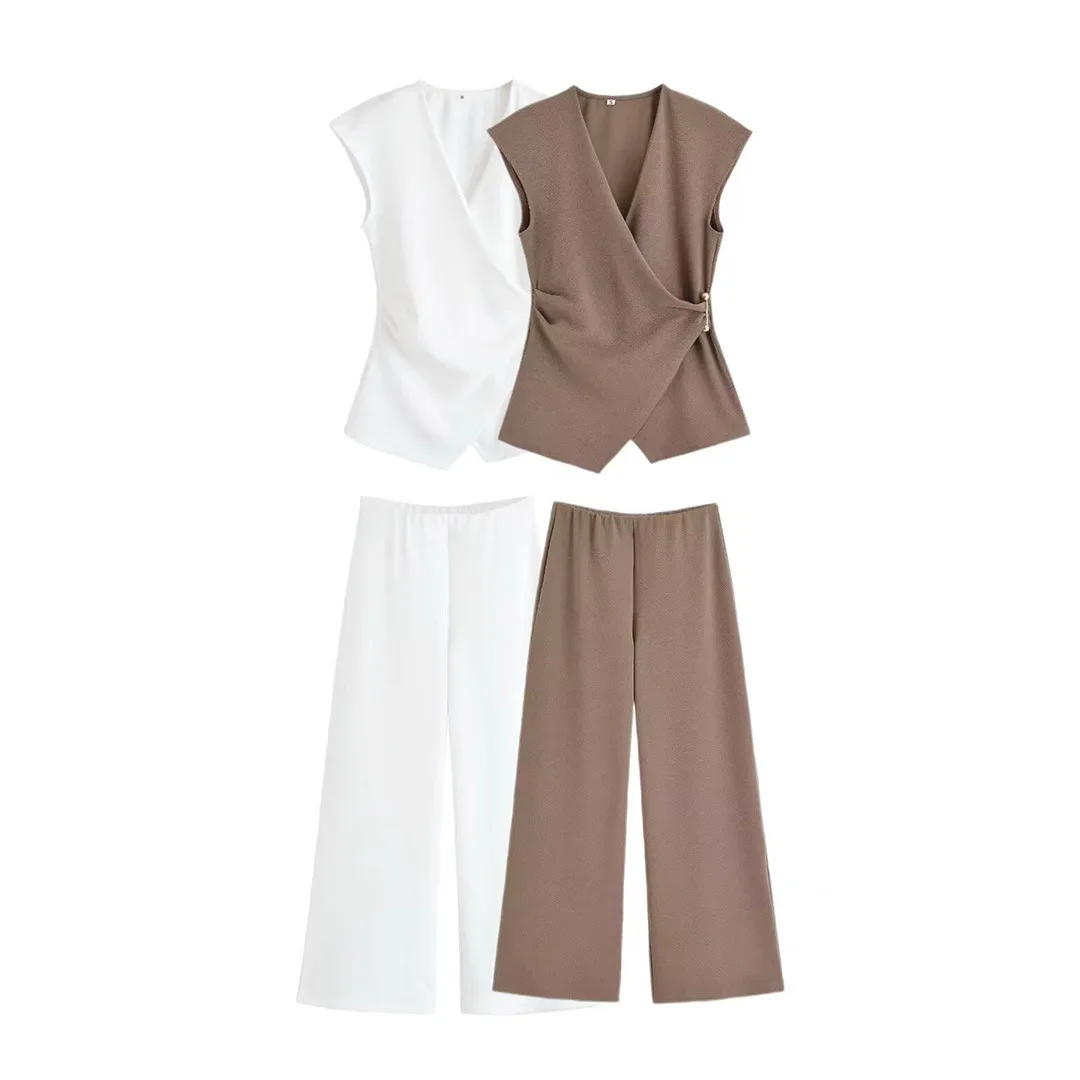 

Autumn 2-piece Set Women Textued Wide Leg Pants Sets V Neck Clasp Top With Asymmetric Hem Mid Waist Trousers Women Outfit