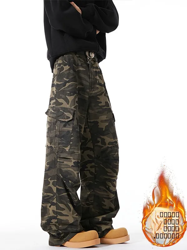 

Ретро-джинсы мужские американские камуфляжные утепленные с широкими штанинами, свободные брюки в уличном стиле для осени и зимы, рабочая одежда