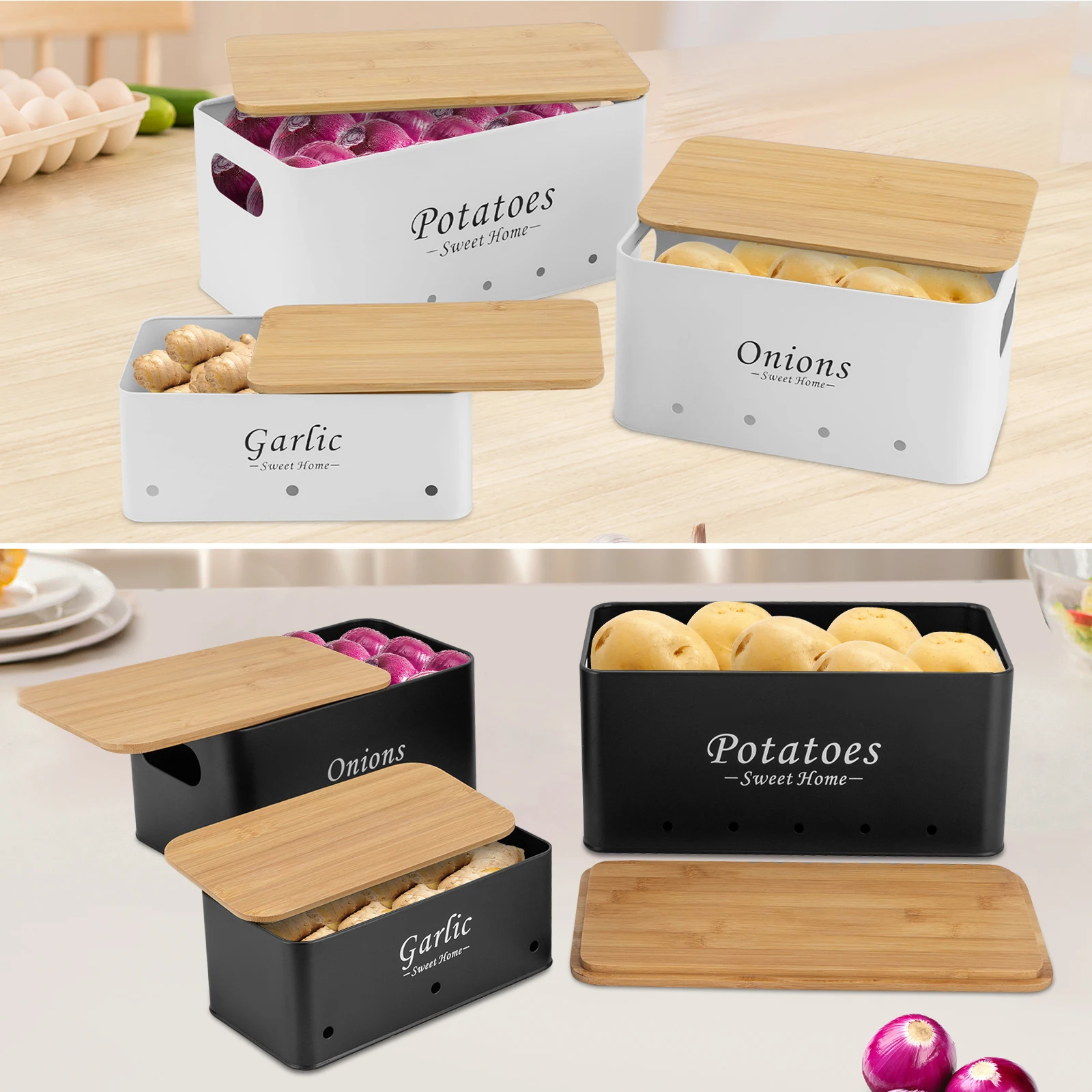 3-teiliges modernes rechteckiges Aufbewahrungsbox-Set mit Hohlgriffen in Schwarz/Weiß für Zwiebeln, Kartoffeln, Knoblauch, Organizer-Behälter – Detail 4