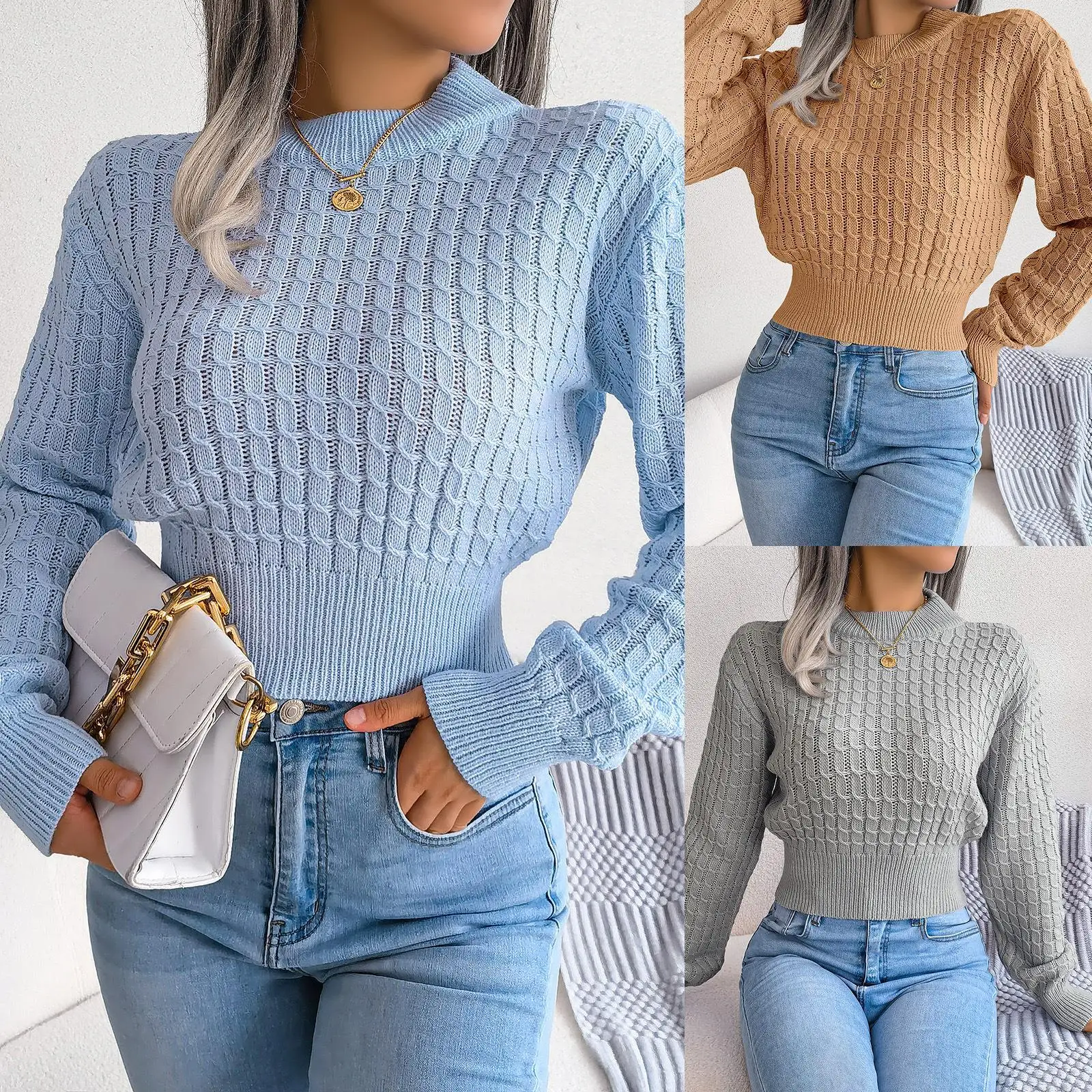

Street Sle Knitted Long Sve Crop Top Sweater Autumn Faion Outerwear Women's Clothing Cross-Border Faion