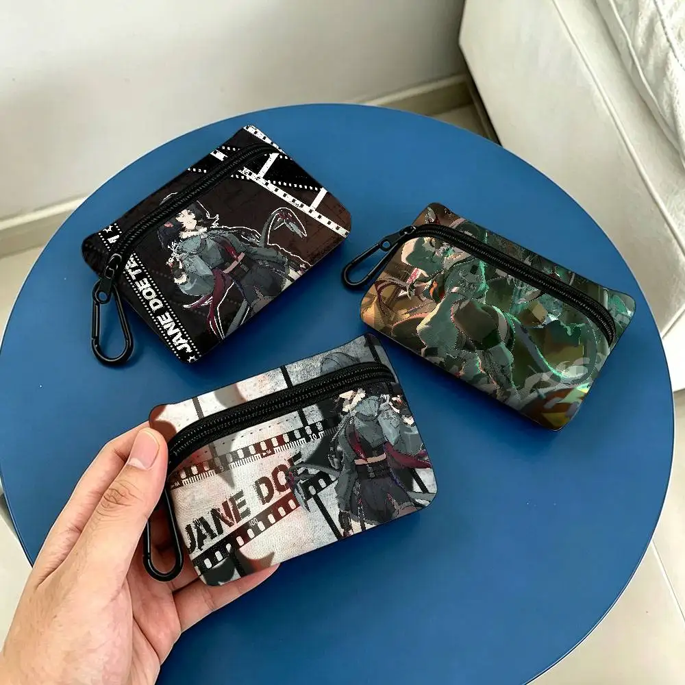 Anime Zenless Zone Zero Jane Doe Portable Oxford Fabric Mini Wallet Carabiner Design Small Coin Bag For Cards Keys Earphones