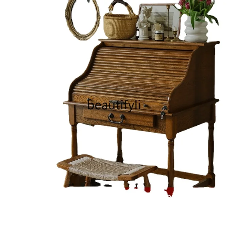 

American Retro Piano Dressing Table Small Bedroom Flip Solid Wood Makeup Table Desk Integrated