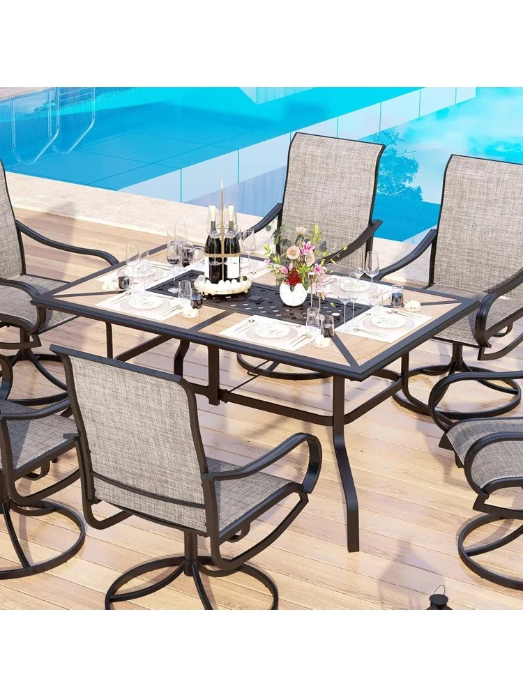 Outdoor Patio Dining Table for 6, Rectangular Patio Furniture Table with Metal Frame and Immitation Top Adjustable Umbrella Hole