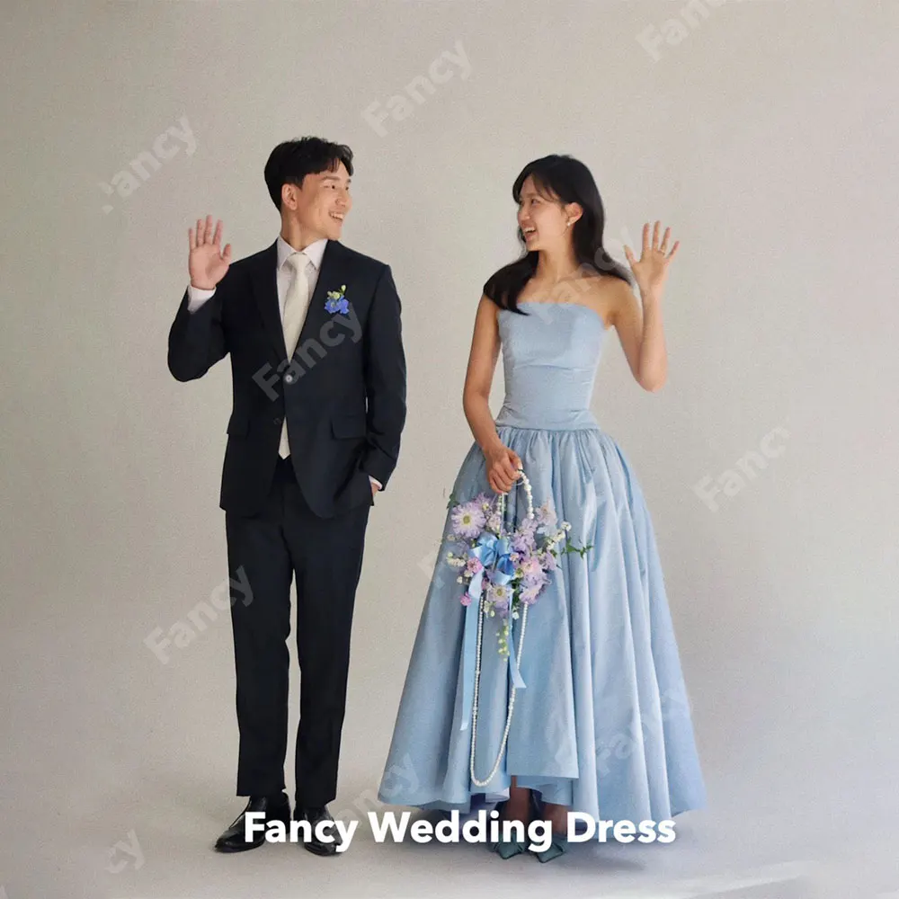 Fancy Simple Strapless Blue Wedding Dress A Line Sleeveless Bridal Gown Satin Floor Length Evening Party Dresses customized