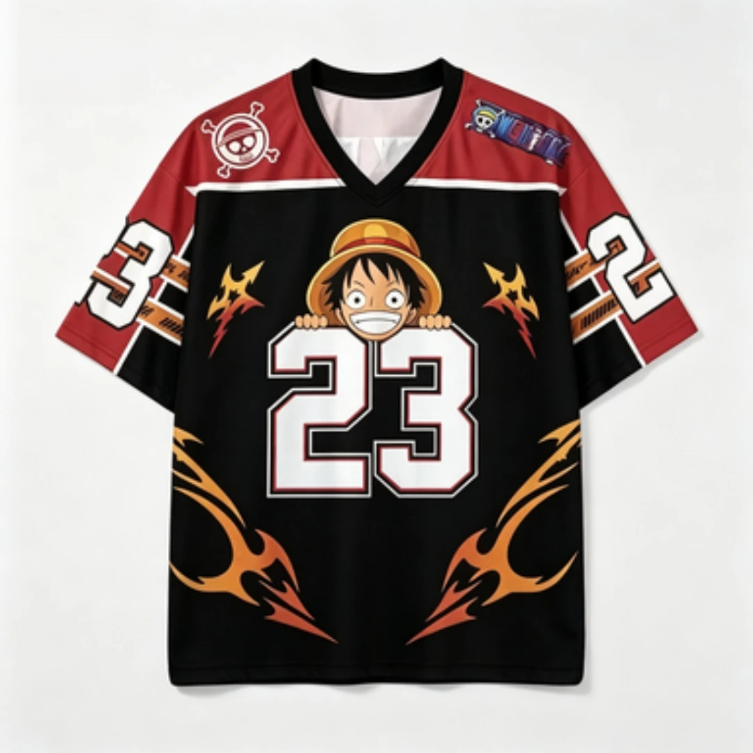 One Piece Orange Flame Q-Edition Luffy Printed V-neck Breathable Mesh 23 Pattern Sports and Leisure Wide Loose Jersey