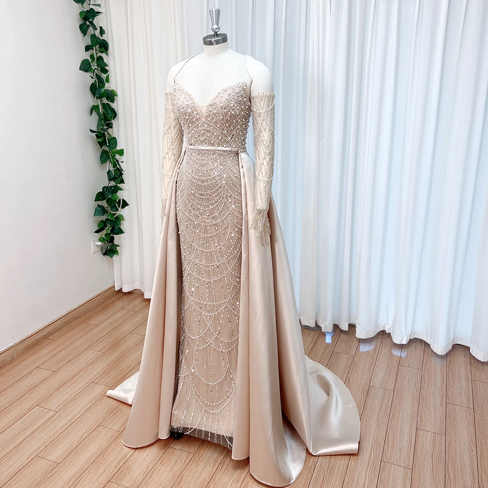 Elegant Pearl Evening Dress for Women with Detachable Skirt Luxury Arabic Long Gloves Formal Prom Wedding Party Gown Customized