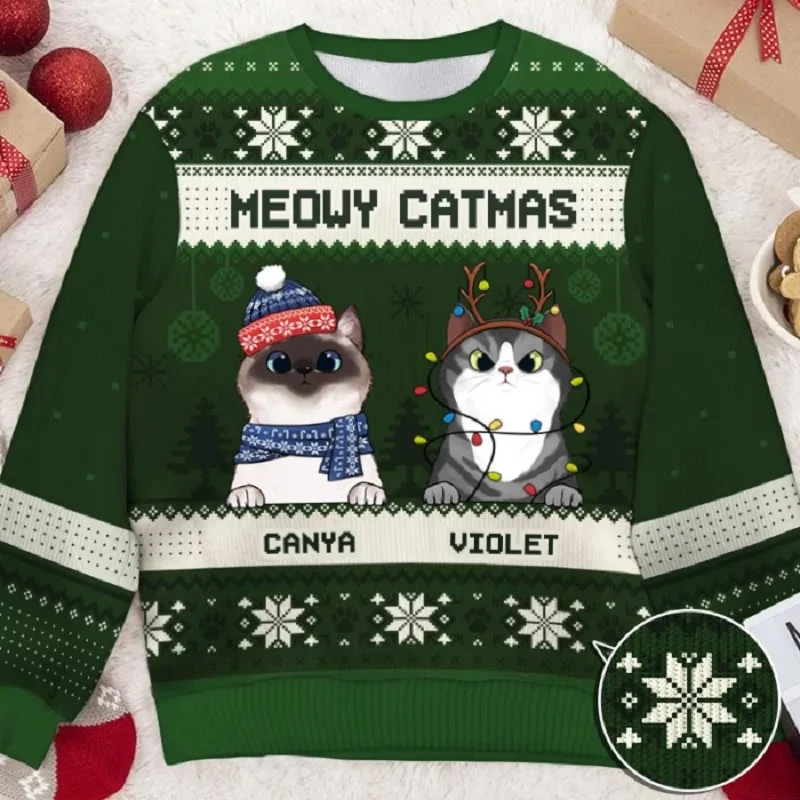 Three Cats Christmas Unisex Ugly Sweater Pullover 3D Printing Men\'s Knitted Apparel Plus Size Sweatshirt Casual Long Sleese