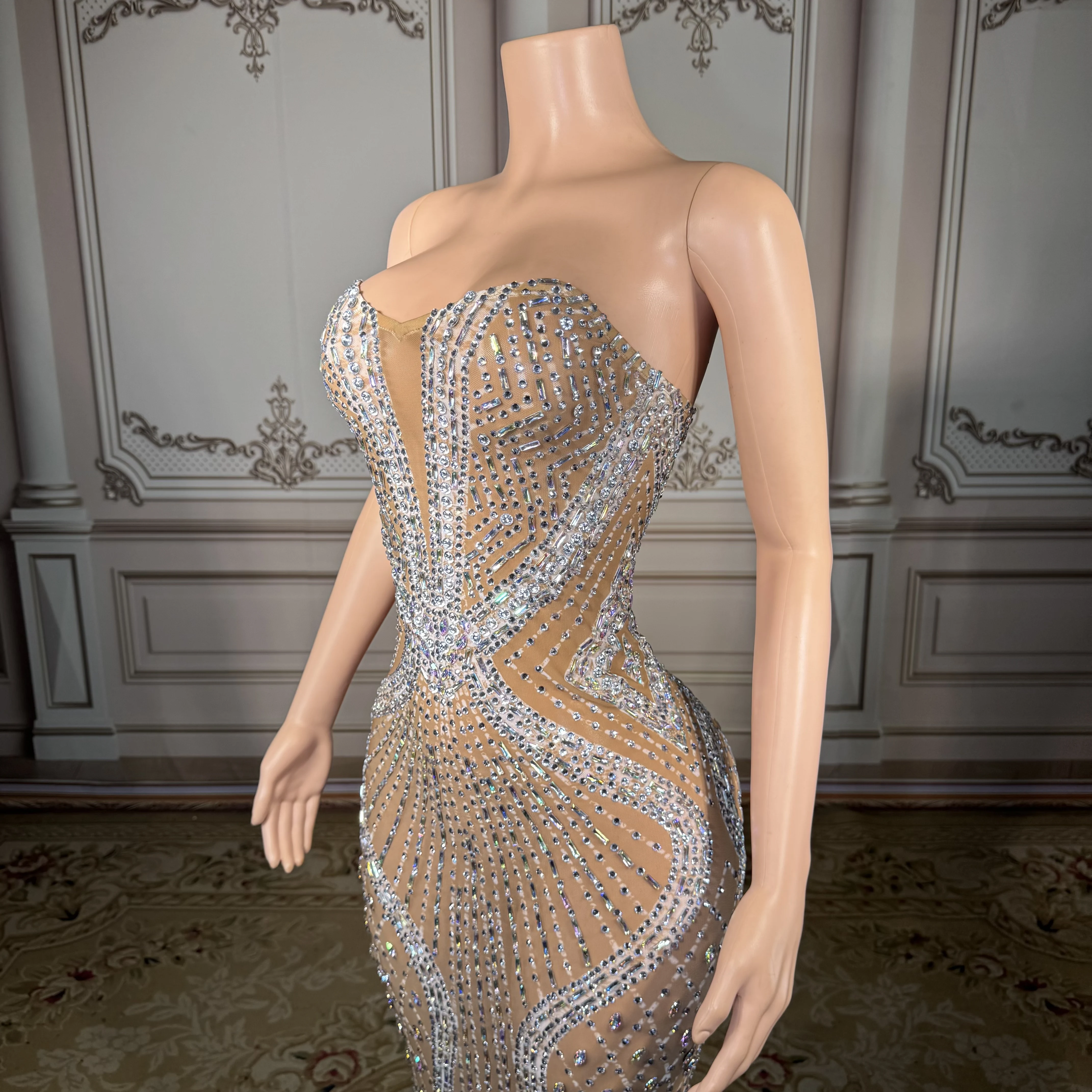 ZD – robe de soirée de luxe pour femmes, avec cristaux scintillants, en maille transparente, longueur au sol, pour Cocktail, discothèque, bal