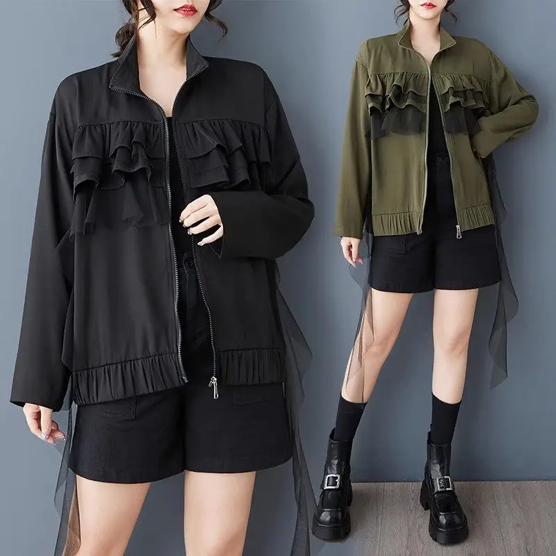 Women's Loose Fit Spring Coat with Lotus Leaf Hem, Mesh Panels & Stand Collar – Trendy Zippered Outerwear G168