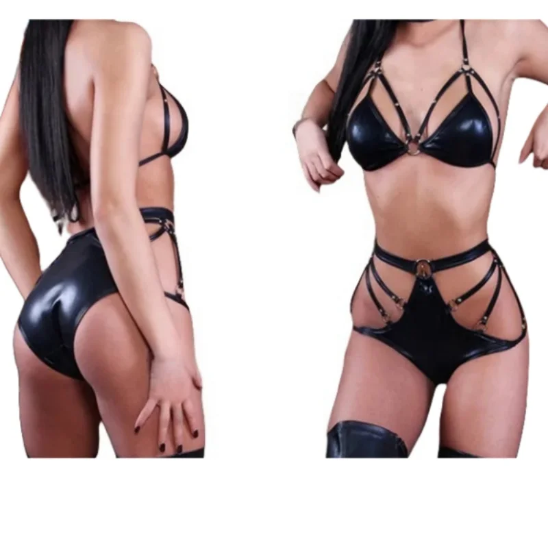 

Faux Leather Two-Piece Lingerie Set -Sexy Erotic Lingerie Sexy Hollow Black Bra Thong Two Piece Set