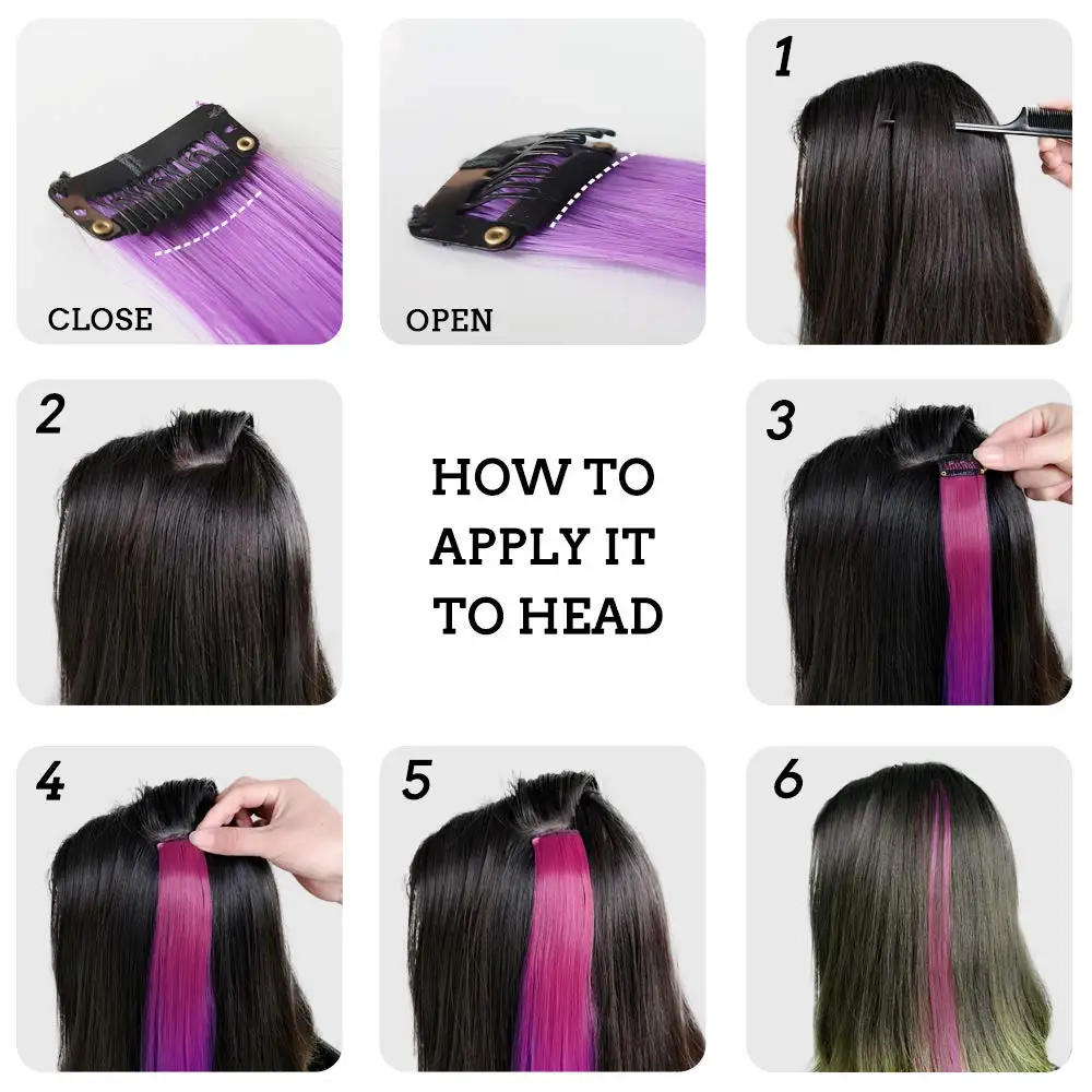10 Stück lange, gerade, synthetische schwarze Haarverlängerungen zum Anklipsen, 55,9 cm, farbige Party-Highlights, Haarteile für Frauen, Kinder, Mädchen – Detail 18