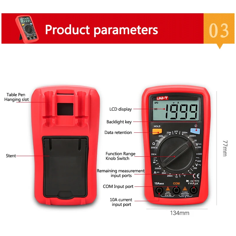 UNI-T  UT33A+ UT33B+ UT33C+ UT33D+ Palm Size Multimeter CAT II 600V LCD display test lead hanging groove Ergonomic design