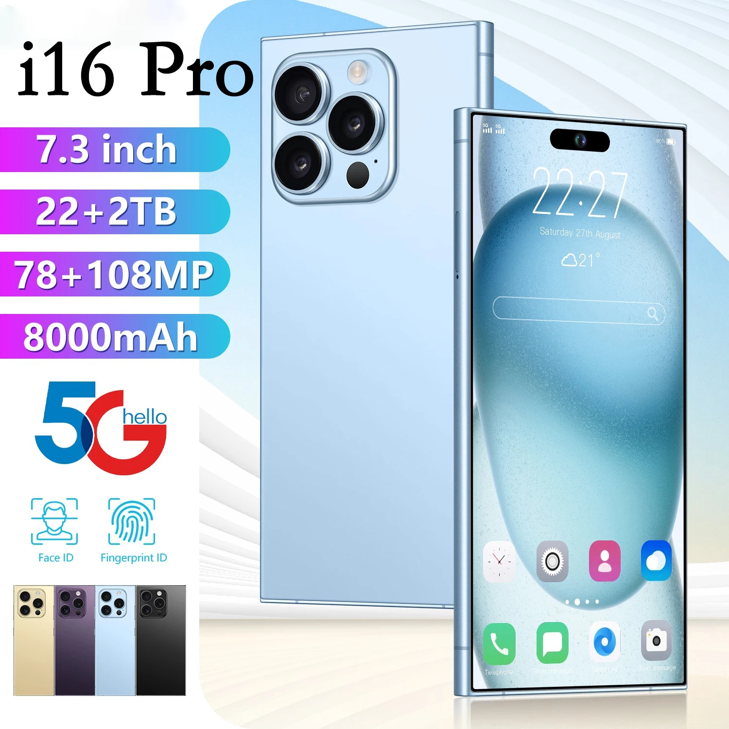 

I16 Pro smartphone 7.3-inch high-definition screen 108MP+78MP 22GB+2TB Snapdragon 8 Gen 3 8000mAh dual SIM card