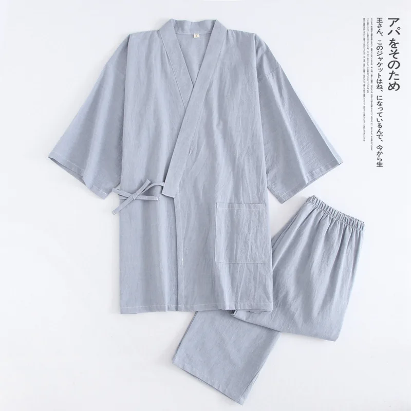 New Water-washed Cotton Thin Pure Color Pajama Set V-Neck Spring Sleepwear Men and Women Japanese Lovers Kimono Home Clothes