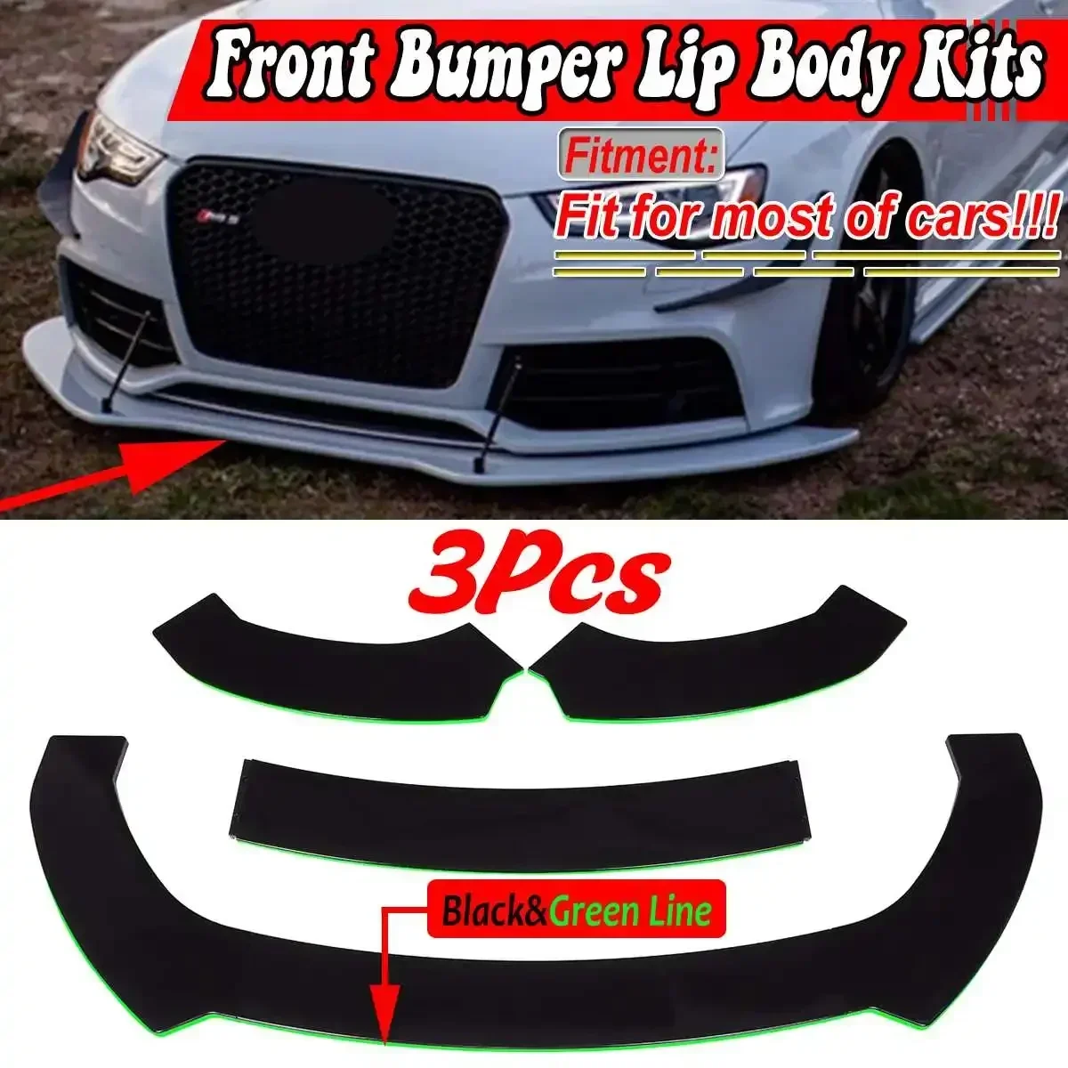 ABS Universal 3PCS Car Front Bumper Lip Chin Spoiler Splitter Diffuser For Audi A4 A5 A6 A8 For BMW For Ford For VW Body Kit