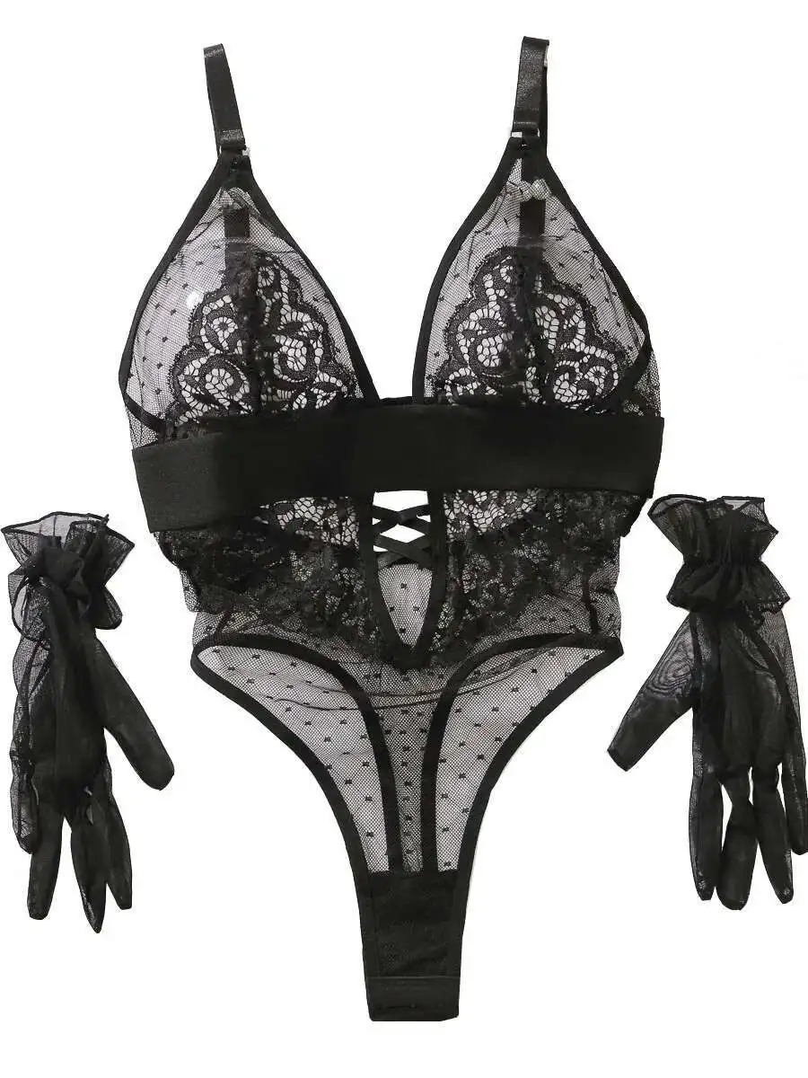 Sexy Bodysuits Polka Dot Mesh Flower Embroidery Lace Glove Backless Deep V Suspenders Sleeveless Bodysuits Charming Casual LE4A