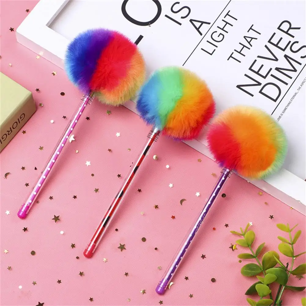 Gel Pen Quick Drying Smooth Writing Adorable Rainbow Color Fur Plush Ball Shape Ink Pen Office Student Supplies