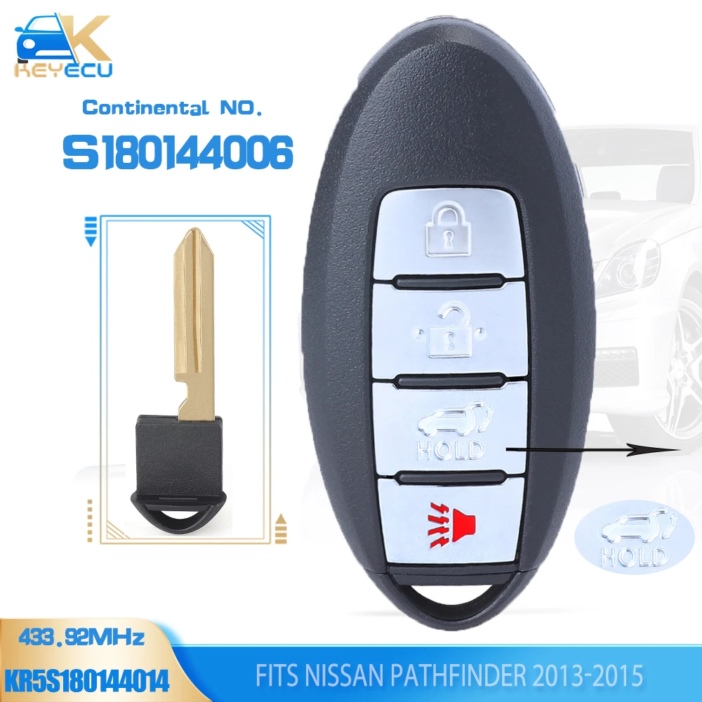 KEYECU KR5S180144014 Smart Remote Key 433.92MHz Fob for Nissan Pathfinder 2013 2014 2015 Continental: S180144006