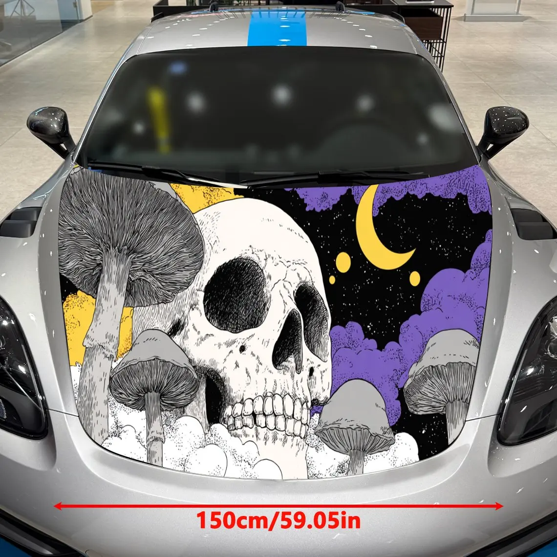 Skull Mushroom Moonlit Dark Fantasy PVC Car Hood Wraps, Self-Adhesive Waterproof Car Bonnet Decal Sticker, Car Decoration Protec