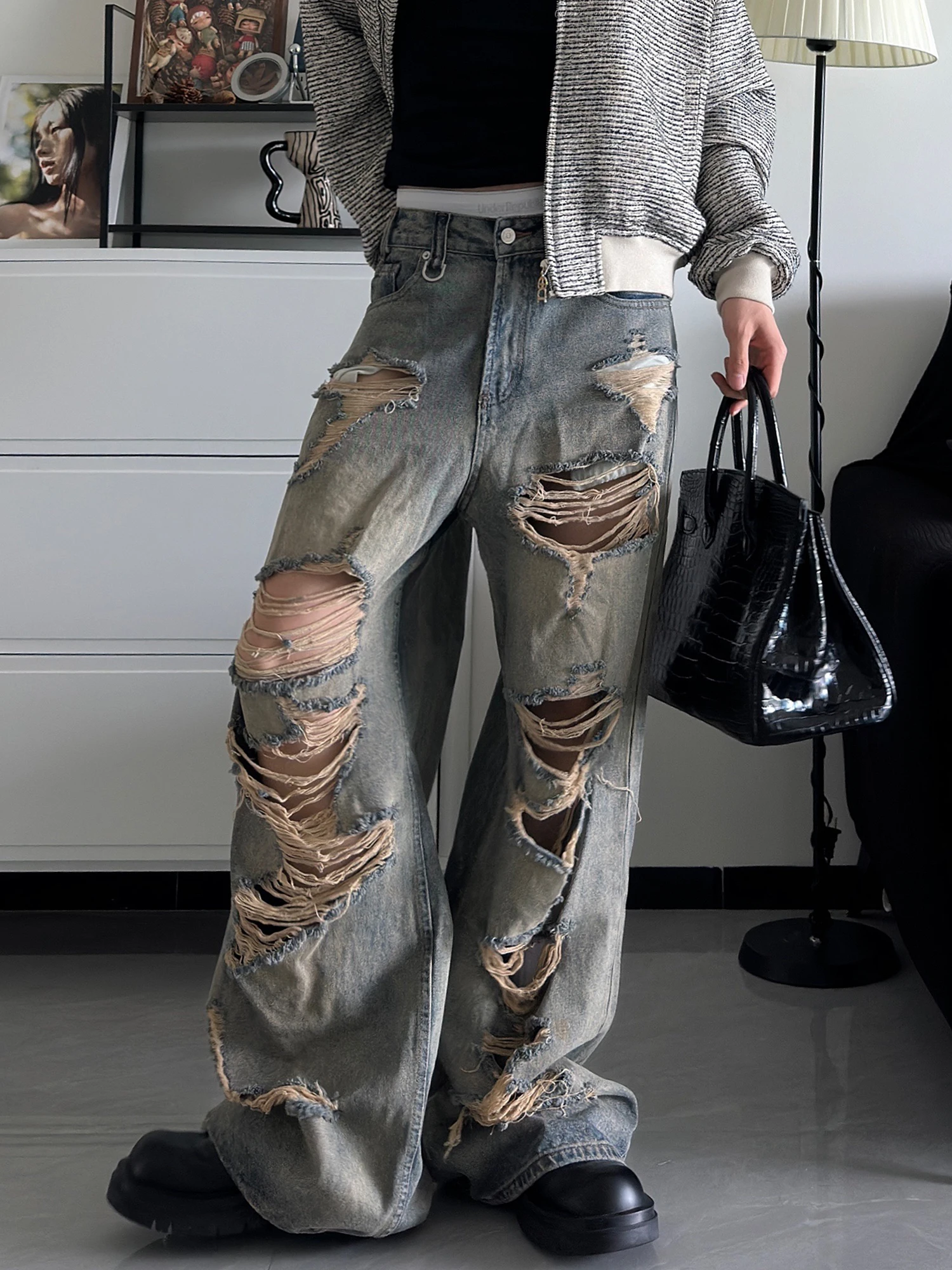 

Retro American High Street Distred Wide Leg Casual Jeans Men Summer Ripped Denim Pants Youth Faion Straight Cut Jeans