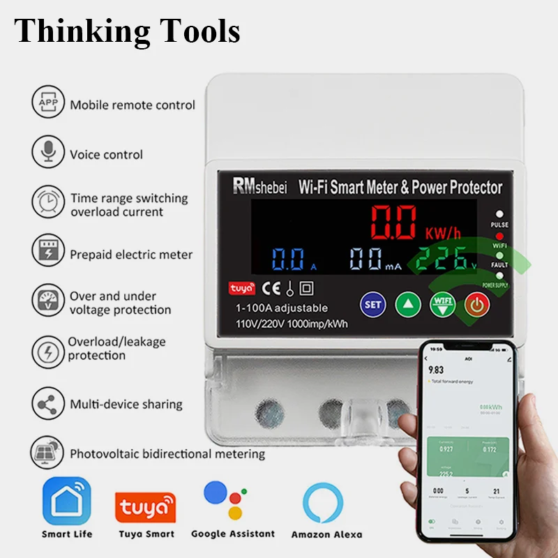 

WiFi Smart Meter & Power Protector Din Rail 1-100A adjustable Timed Switching Overload Current PV metering Smart Circuit Breaker
