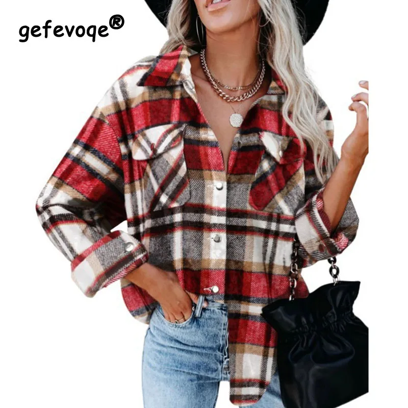 2023 Autumn and Winter Women\'s New Fashion Casual Checker Shirt Loose and Comfortable Versatile Woolen Flannel Button Up Coat