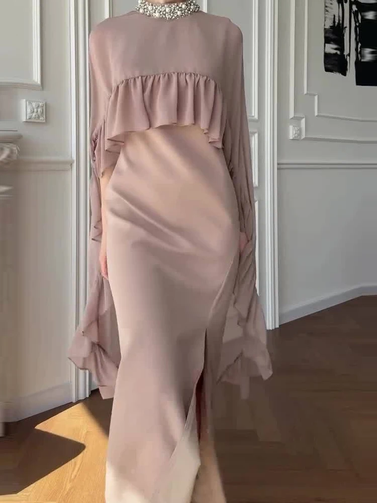 

Women Casual Sleeveless Solid Party Outfits Fashion Split Ruffled Two Piece Suit Elegant Shiny O-neck Cape Top & Long Skirt Set