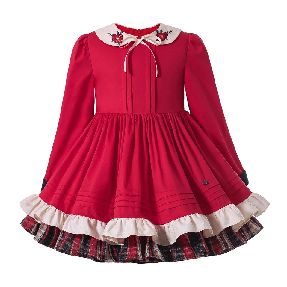 

Pettigirl Girls Red Retro Style Doll collar Long Sleeves Floral Embroidered Christmas Dress with Headband for Little Girls