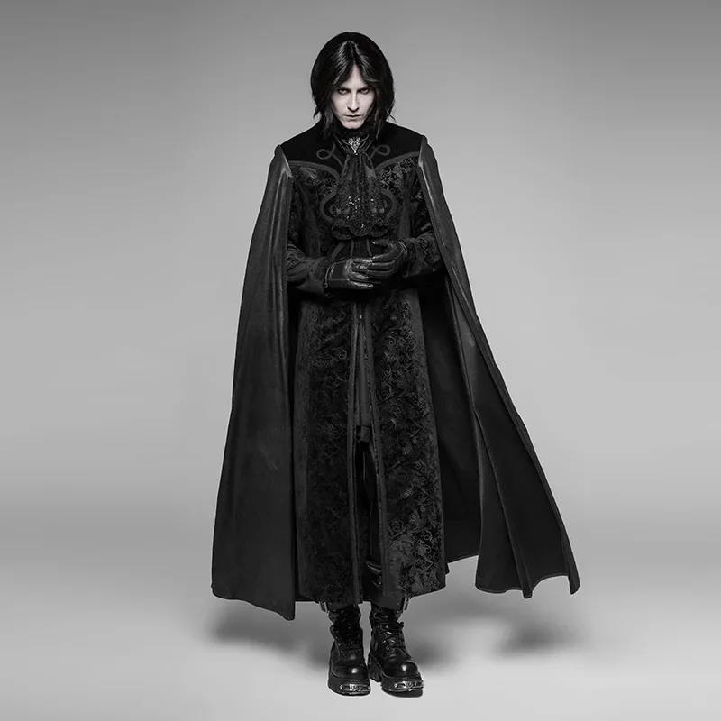 PUNK RAVE Gothic Night Count Cloak Men Clothes Halloween Party Christmas Long Coat Embossed Velvet Jacket Outwear