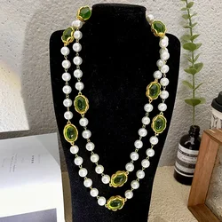 French fashion retro grandmother green crystal pearl pendant beaded necklace light luxury high-end sense sweater chain women