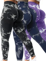 Leggings senza cuciture tie-dye a vita alta da 3 pezzi per donna - Ultra confortevoli, sollevamento del sedere scrunch, cintura larga, alta elasticità