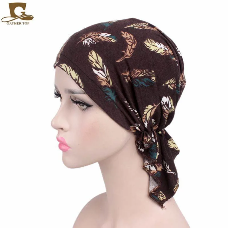 Muslim Pre-Tied Style Cotton Turban Hat Headscarf Ladies Floral Print Bandanas Soft Headwear Hair Loss Cancer Chemo Cap Turbante