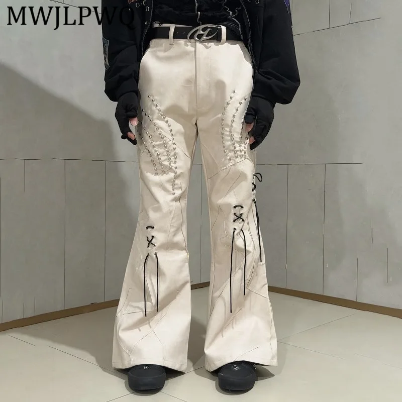 

MWJLPWQ Punk Style White Flared Rivet Lace-Up Design Pants Men's High Street Slimming Trend Male Trousers 2026 Spring New 13087