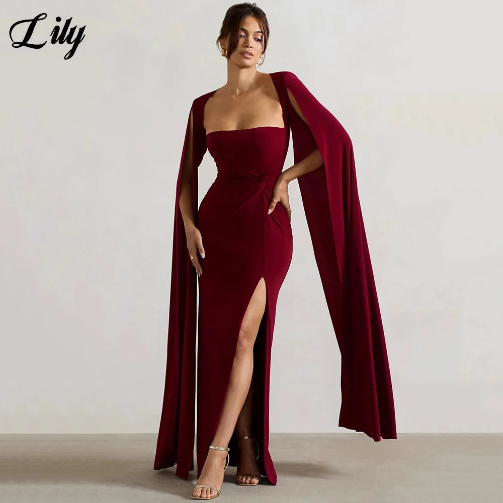 

Lily Burgundy فساتين السهرة Strapless Ruched Mermaid Evening Dresses with Cape-Like Long Sleeves High Slit Prom Gown Customized