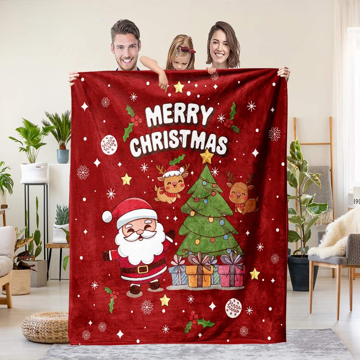 1 Stück Cartoon-Weihnachtsmann-Druck, rote Flanelldecke, verschiedene Größen, Wohnzimmer, Sofa, Nickerchen, Freizeitdecke, weich und maschinenwaschbar