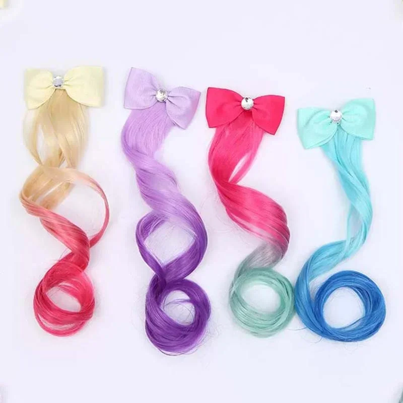 Cute Children Gradient Bow Hair Clips Headdress Ponytail Hair Ropes Baby Girls New Colorful Wig Pigtail Elastic Kids Headwear