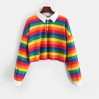 Rainbow Striped Polo Collar Long Sleeve T-Shirt Women's Casual Cropped Top European American Style Spring Autumn Season Clothing