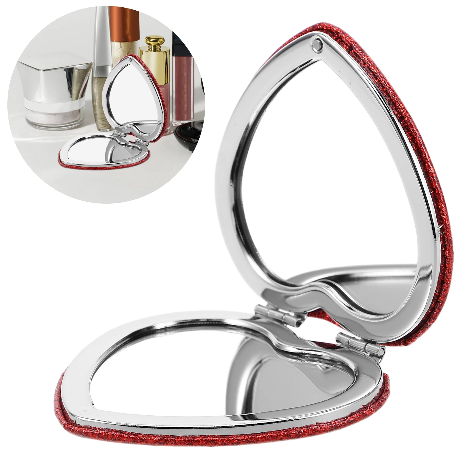 Specchio compatto a forma di cuore Specchio per trucco portatile pieghevole bifacciale per borse da viaggio per ragazze Borse per trucco Specchi compatti