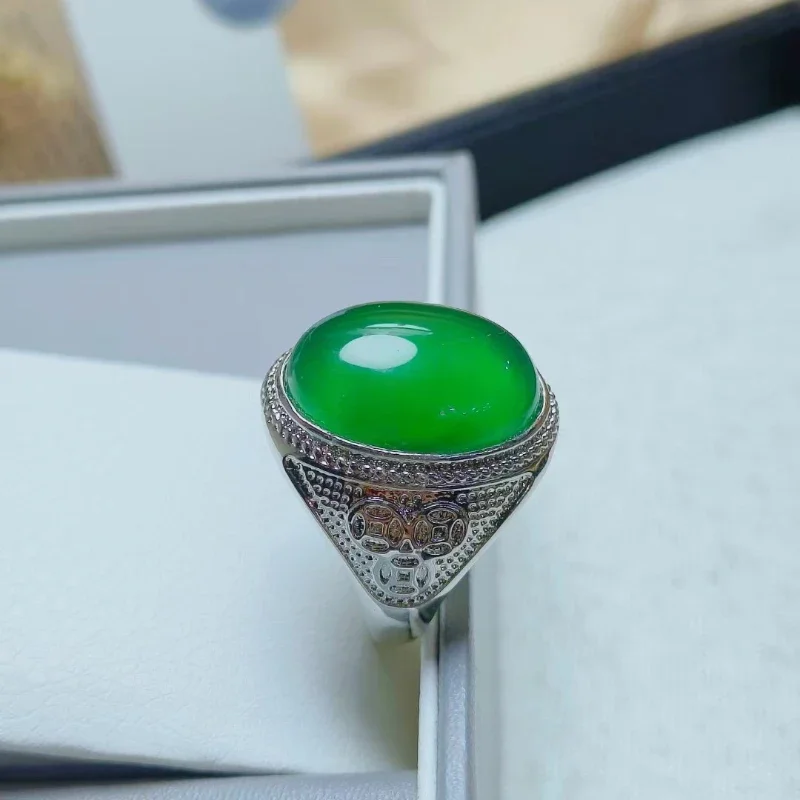 Ice King Green Chalcedony Inlaid Large Egg Noodle Men's Ring Explosive Jade Gift Emerald Jade Ring